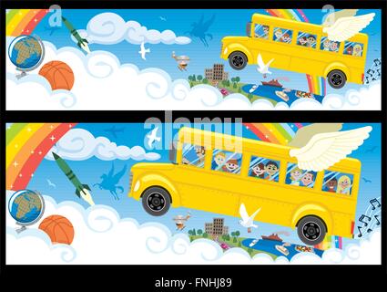 Cartoon banner in two versions differing by proportions.  You can extend the white part of the clouds downwards as much as you can Stock Vector
