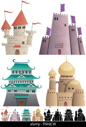 Set of cartoon castles on white background in 3 versions: One with gradients, other without gradients, and still other with silh Stock Vector