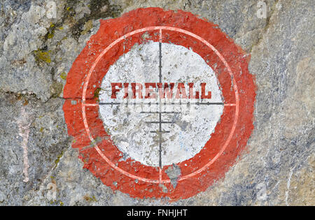 Single word Firewall in the center of a red circle on textured background Stock Photo