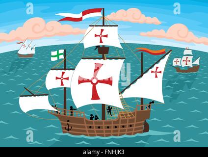 The ships of Christopher Columbus on their way to America. Remove the crosses to get three ordinary sail ships. Stock Vector
