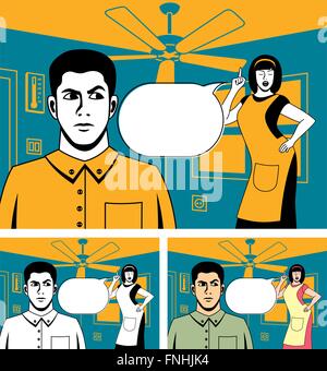 Comic book picture of arguing couple. Below is the same picture, colored in 2 different ways. Stock Vector