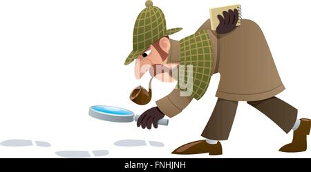 Cartoon illustration of detective following footprints. Stock Vector