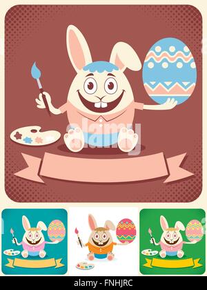 Easter bunny painting an egg. Illustration is in 4 versions. No transparency and gradients used. Stock Vector