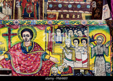 ancient ethiopian orthodox church interior painted walls in gondar ethiopia Stock Photo