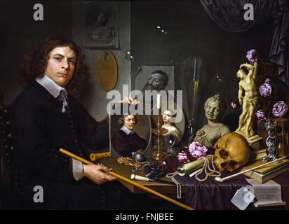 Vanitas still life with a self portrait 1651 of the young painter David Bailly  1584 - 1657 Dutch Netherlands ( Vanitas is a category of symbolic works of art, especially those associated with the still-life paintings of the 16th and 17th centuries in Flanders and the Netherlands. ) David Bailly (1584–1657) was a Dutch Golden Age painter. Stock Photo