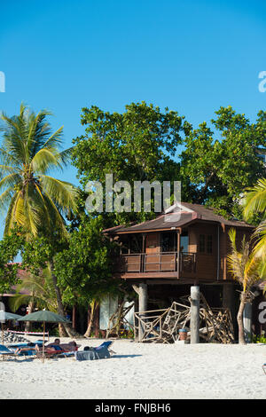 Beach Bungalow On Pantai Cenang Beach, Langkawi, Malaysia Stock Photo