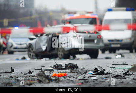 Berlin, Germany. 15th Mar, 2016. A damaged car pictured on Bismarckstrasse (Bismarck Street) in Berlin, Germany, 15 March 2016. The driver died when an explosion occurred in the vehicle while it was moving. Photo: PAUL ZINKEN/dpa/Alamy Live News Stock Photo