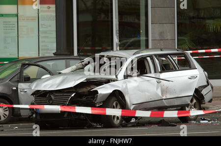 Berlin, Germany. 15th Mar, 2016. A damaged car pictured on Bismarckstrasse (Bismarck Street) in Berlin, Germany, 15 March 2016. The driver died when an explosion occurred in the vehicle while it was moving. Photo: PAUL ZINKEN/dpa/Alamy Live News Stock Photo