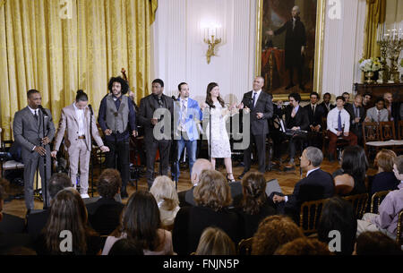 Members of the Hamilton cast perform a musical selections from the broadway show Hamilton in the East Room of the White House March 14 2016 in Washington DC USA. Photo by Olivier