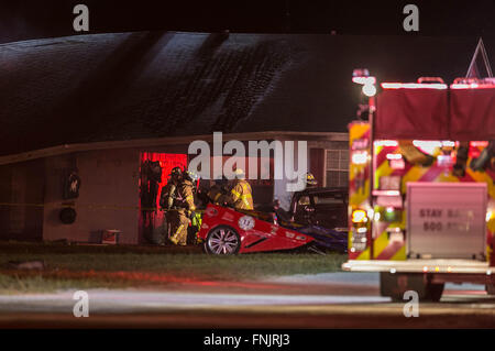 Lake Worth, Florida, USA. 16th Mar, 2016. A two-alarm fire destroyed a 200 foot-long barn at the South Florida Trotting Center in Western Lake Worth. The fire started around midnight and caused the roof to collapse. The fate of thirty horses in the barn are unknown at this time according to Palm Beach County Fire Rescue Capt. Albert Borroto. Credit:  Allen Eyestone/The Palm Beach Post/ZUMA Wire/Alamy Live News Stock Photo