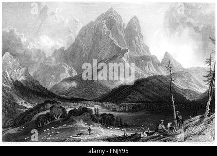 An engraving of Pic du Midi d'Ossau in France scanned at high resolution from a book printed in 1876. Believed copyright free. Stock Photo