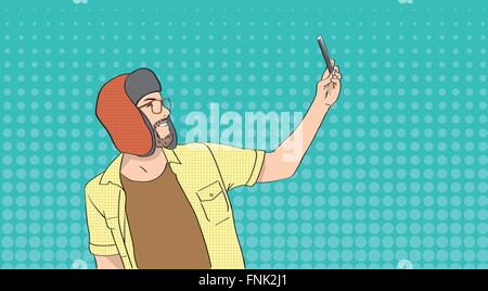 Man Wear Winter Hat Taking Selfie Photo On Smart Phone Pop Art Colorful Retro Style Stock Vector