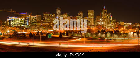 Denver, Colorado, USA - December 09, 2015: A panoramic view of evening rush-hour at west-side of Downtown Denver. Stock Photo