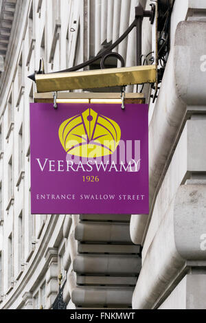 Sign on the Veeraswamy Indian restaurant in Regent Street, London.  The oldest surviving Indian restaurant in the UK. Stock Photo