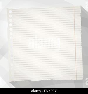 Piece of torn white blank lined notebook paper with long shadow on gray background created from geometric shapes Stock Vector