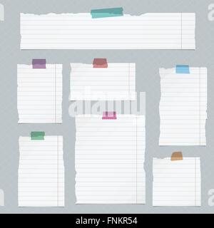 Pieces of torn lined notebook paper on squared background Stock Vector