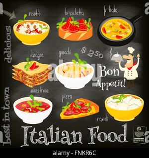 Italian Food Menu Card with Traditional Meal on Chalkboard Background. Italian Cuisine. Food Collection.  Vector Illustration. Stock Photo