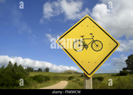 Eco friendly traffic only, bike zone for environment care and health concept. Road sign with bicycle icon in nature rural Stock Photo