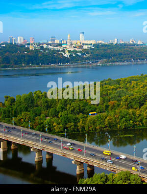 Aerial view of Kiev with Dnipro river and Kiev Pechersk Lavra on a top of the hill. Ukraine Stock Photo