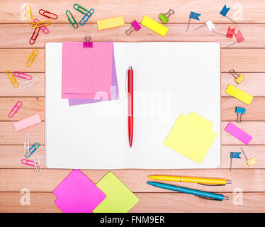 Stationery. Still life on wooden boards. Stock Photo