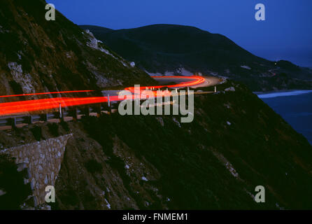 Streaking Car Tail Lights On a Mountain Road, Big Sur Coastline, California, Usa Stock Photo