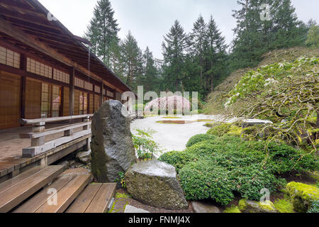 Japanese Garden Flat Garden by the Pavilion on a rainy day in Spring Season Stock Photo