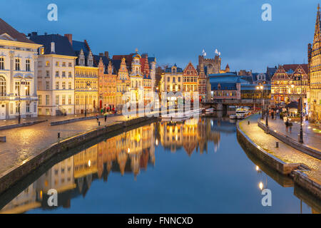 Old Town in the evening, blue hour, Ghent, Belgium Stock Photo