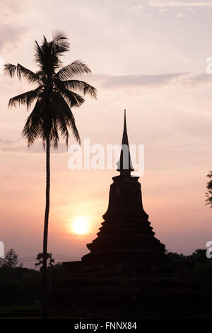 silhouette of pagoda and palm tree Stock Photo