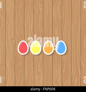 Easter eggs of different colors on a wooden background. Stock Vector