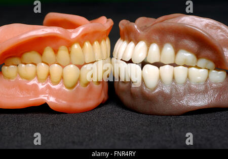 Two sets of full dentures. Dentures or false teeth are made from an acrylic base on which acrylic or ceramic teeth are mounted. Stock Photo