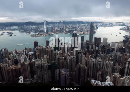 Hong Kong, China - January 29, 2016: Hong Kong skyline during a storm view from the Victoria Peak. Stock Photo