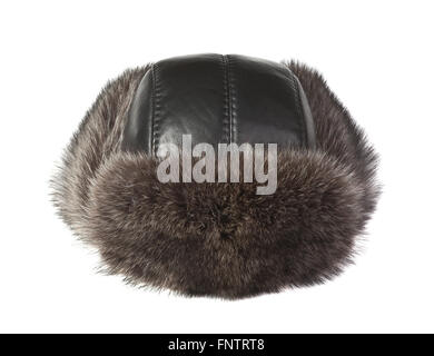 Men's fur hat with ears on a white background Stock Photo