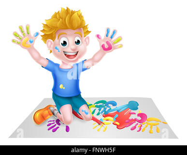 Cartoon boy kid messy playing with paint painting Stock Photo