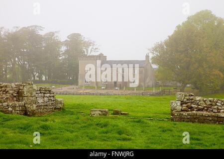 Hadrian's Wall. Fog enveloped. Birdoswald Roman Fort, Cumbria, England, United Kingdom. Stock Photo