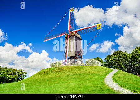 Bruges, Belgium. Sint Janshuismolen wind mill dating from 1770, still in its original spot, West Flanders Stock Photo