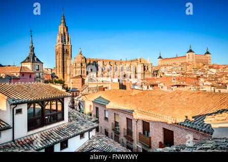 Toledo, Spain. Sunset HDR view of ancient city Toledo in Castilla la Mancha with Santa Iglesia Catedral and Alcazar. Stock Photo