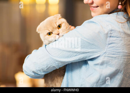 happy woman holding scottish fold cat at home Stock Photo