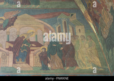 Presentation of the Blessed Virgin Mary. Mural painting by Russian icon painters Rostislav Koryakin (1918-1999) and Andrei Ryazanov (1885-1950) in the Dormition Church at the Olsany Cemetery in Prague, Czech Republic. The Dormition Church designed by Russian architect Vladimir Brandt (1887-1944) was built in 1924-1925 by the Russian white emigration in Czechoslovakia. Mural paintings were realised in 1941-1945 by group of Russian icon painters after design by famous Russian book illustrator Ivan Bilibin (1876-1942) from 1926-1928. Stock Photo