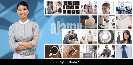Composite image of selfassured businesswoman with folded arms Stock Photo