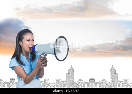 Composite image of businesswoman shouting into a megaphone Stock Photo