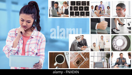 Composite image of thoughtful asian woman using tablet Stock Photo