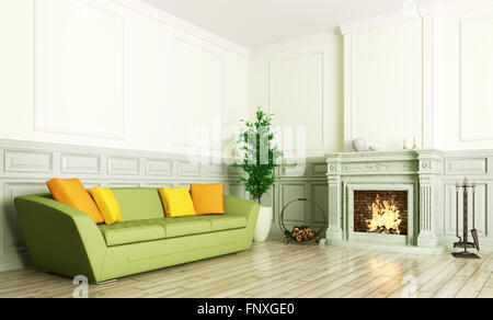 Living room interior with green sofa and fireplace 3d render Stock Photo