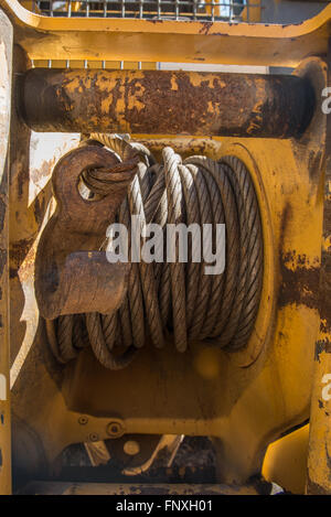 Winch and hook on back of bulldozer Stock Photo