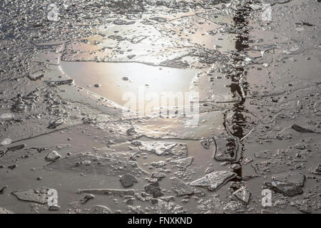 Puddles and chopped ice on the sidewalk in the spring. Stock Photo