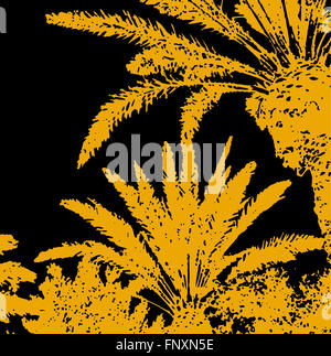 PALMS TREES WITH NIGHT SKY. Orange silhouettes of palm trees on black background in contemporary design. Stock Photo