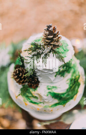Beautiful wedding cake decorated with pinecones and spruce branches Stock Photo
