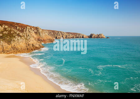 A beautiful beach with turquoise water at Porthcurno in Cornwall, England. Stock Photo