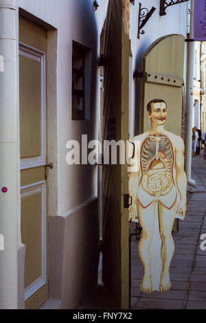 TALLINN, ESTONIA - YUNI 12, 2015: Wooden layout, man, medical diagram of internal organs men. Popular streets of the old town Stock Photo