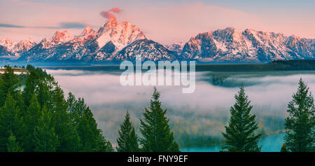 A panoramic view at sunrise at the Snake River Overlook in Grand Teton National Park in Wyoming, USA Stock Photo
