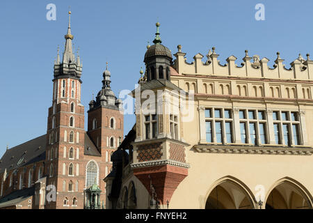 The view on the Draper's hall and the St Mary's church on on the old market in Cracow Stock Photo